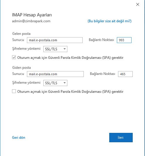 imap hesap ayarları